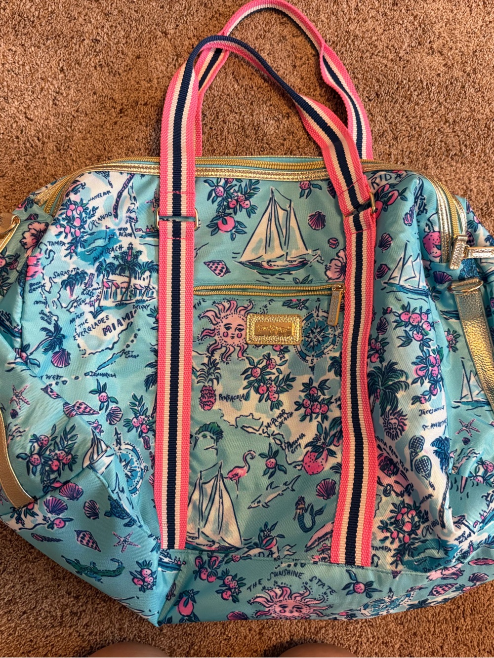 Lilly Pulitzer Aqua Sailboat & Floral Tote with Pink-Trim Straps